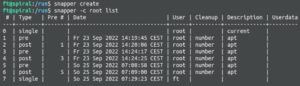 Abbildung 3: Der Befehl <code>snapper create</code> erlaubt das manuelle Anlegen von Snapshots. Diese heißen in der Übersicht <code>single</code>.