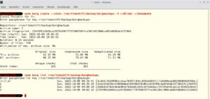 Abbildung 4: Dem bereits vorhandenen Archiv mit dem Verzeichnis <code>~/Bilder</code> f&uuml;gt die Software ein weiteres namens <code>~/Dokumente</code> hinzu. Darunter zeigt die Option <code>list</code> die erstellten Archive.