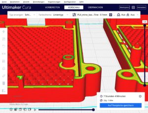 Abbildung 1: Eine Slicer-Software zerschneidet ein 3D-Modell in dünne Plastikbahnen, aus denen der 3D-Drucker den festen Gegenstand zusammensetzt.