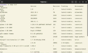 Abbildung 2: Der Befehl <code>snap list</code> f&uuml;hrt alle im System installierten Snaps auf.