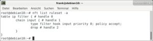 Abbildung 3: Der Befehl <code>nft list ruleset -a</code> listet alle gesetzten Regeln auf.