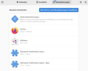 Abbildung 4: Silverblue l&auml;sst sich sowohl &uuml;ber das Terminal als auch &uuml;ber die Anwendung Gnome Software aktualisieren. Die hier zum Update anstehenden Pakete lassen sich nicht wie &uuml;blich einzeln aktualisieren, sondern nur als Ganzes &ndash; inklusive Neustart.