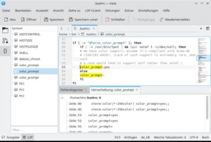 Abbildung 5: Mit dem Bash Language Server hat das LSP-Modul hier die Zuweisung für <code>color_prompt</code> herausgesucht und zusätzlich alle Vorkommen im Code gelb markiert.