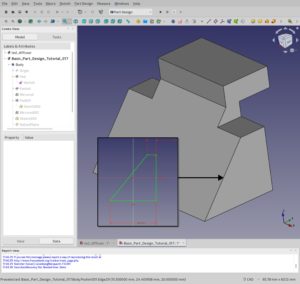 Abbildung 6: Auch in FreeCAD entstehen im Modus <span class="ui-element">Part Design</span> die räumlichen Objekte aus Skizzen mit Constraints und folgender Extrusion sowie der Addition und Subtraktion von Einzelteilen.