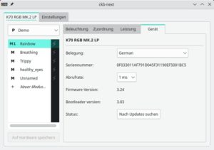 Abbildung 1: Die Ger&auml;teeigenschaften unter Ckb-next enthalten die Seriennummer, die Tastaturbelegung und die Firmware-Version.
