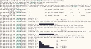 Abbildung 5: Mit <code>journalctl -b | grep flatpak</code> sehen Sie im Log genau, was bei den Aktualisierungen seit dem letzten Neustart des Rechners passiert ist.