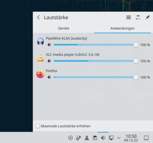 Abbildung 7: KDE und ähnlich auch Gnome regeln dank Pulseaudio nicht nur die Lautstärke der Audiogeräte, sondern auch die der einzelnen Anwendungen.