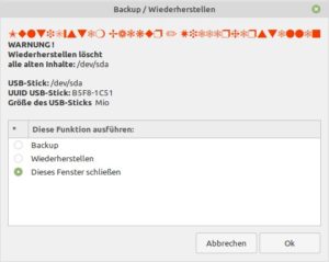 Abbildung 9: &Uuml;ber die Backup-Funktion lassen sich auch Sicherungen von USB-Stick-Konfigurationen anfertigen oder wiederherstellen.