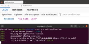 Abbildung 1: Die Anzeige im Webbrowser mit den dazu passenden Ausgaben des Uvicorn-Servers.