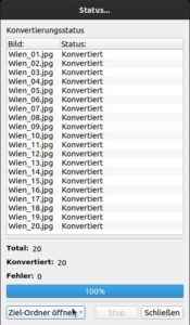 Abbildung 4: Den Fortschritt beim Konvertieren verfolgen Sie über ein Statusfenster. Hat Converseen seine Arbeit beendet, gelangen Sie über einen Klick auf die Schaltfläche unten links zu den bearbeiteten Dateien.