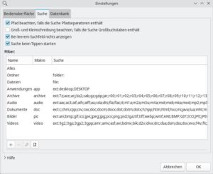 Abbildung 5: Der Reiter <span class="ui-element">Suche</span> in den Einstellungen erlaubt das Definieren eigener Filter und zugeh&ouml;riger Dateitypen f&uuml;r die Suche.