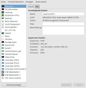 Abbildung 5: Eine virtuelle Maschine (hier Qemu/KVM im grafischen Virt-Manager) muss alle Hardwarekomponenten eines PCs mit einigem Aufwand per Software emulieren.