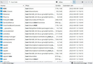 Abbildung 6: Hier kommt der Operator <span class="ui-element">AND</span> zum Einsatz. Da die Schreibweisenunterscheidung nicht aktiviert ist, enth&auml;lt die Trefferliste auch Dateien mit "KDE" im Namen.