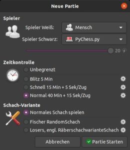 Abbildung 2: Bevor Sie eine Partie beginnen, legen Sie Spieler und Spielfarben fest, bestimmen die Bedenkzeit der Spieler und entscheiden sich für eine Spielvariante.