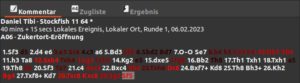 Abbildung 4: Pychess notiert die Schachzüge und erkennt auch die Eröffnung nach dem ECO-System, hier die <span class="ui-element">A06: Zukertort-Eröffnung</span>.