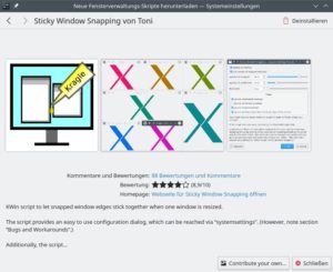 Abbildung 5: Das KWin-Skript <span class="ui-element">Sticky Window Snapping</span> verklebt die R&auml;nder anliegender Fenster beim Ziehen mit der Maus.
