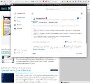 Abbildung 7: So wie hier die Erweiterungsseite l&auml;sst sich mit dem Firefox-Addon <span class="ui-element">Popup Window</span> jeder Browser-Tab in ein Fenster ohne Bedienelemente auslagern.
