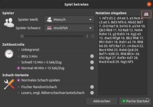 Abbildung 7: Pychess erfasst die Notation einer Partie. So lässt sie sich ab einer bestimmten Stelle weiterspielen.