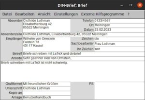 Abbildung 1: Dank einer grafischen Benutzeroberfl&auml;che, welche die Dokumentenklasse <span class="ui-element">dinbrief</span> mitbringt, erstellen Sie Briefe auch ohne LaTeX-Kenntnisse.
