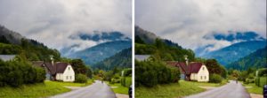 Abbildung 2: Nach einer grundlegenden Helligkeits-, Kontrast- und S&auml;ttigungskorrektur wirkt das Gras zu intensiv und die Berge zu blass. Das l&auml;sst sich mithilfe der Lab-Kurven beheben.