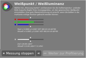 Abbildung 3: Mithilfe der interaktiven Anzeigegeräteeinstellung lassen sich Helligkeit und Weißpunkt des Bildschirms präzise einstellen.
