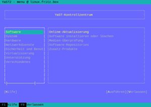 Abbildung 6: Die Vielseitigkeit des OpenSuse-Administrationswerkzeugs YaST zeigt sich auch in seiner pseudografischen, der GUI-Version nachempfunden Konsolenoberfläche.