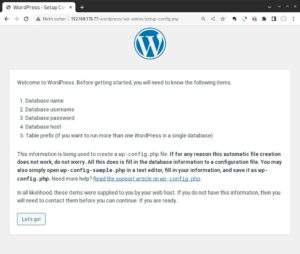 Abbildung 7: Der Webserver, der WordPress ausliefern soll, funktioniert offensichtlich schon. Nun muss sich die Webanwendung noch mit der Datenbank verbinden.