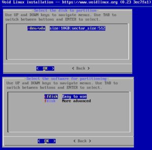 Abbildung 2: Unter Void Linux lässt sich die Festplatte beispielsweise mittels Cfdisk partitionieren.