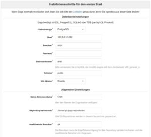 Abbildung 4: Innerhalb der Gogs-Konfigurationsmaske tragen Sie unter anderem den Datenbanktyp, den Namen der Anwendung und den ausführenden Benutzer ein.