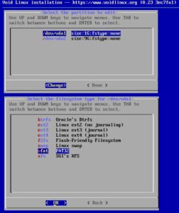 Abbildung 4: Wie bei anderen Distributionen üblich legen Sie in Void Linux das Dateisystem für jede Partition einzeln fest.