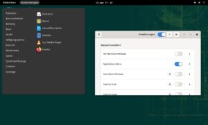 Abbildung 5: Die bei OpenSuse mitgelieferte Erweiterung "Applications Menu" stellt ein simples Startmen&uuml; ohne Suchfunktion bereit. Die Standard-"Aktivit&auml;ten"-&Uuml;bersicht mit ihrer Suchfunktion &ouml;ffnet sich immer noch per Windows/Super-Taste.
