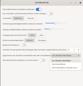 Abbildung 7: Die Erweiterung "Coverflow-Alt-Tab" motzt die Optik des Alt-Tab-Umschalters auf, ihre wichtigste Funktion bleibt aber "Zeige Fenster der aktuellen Arbeitsfl&auml;che oder aller Arbeitsfl&auml;chen".