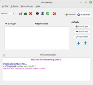 Abbildung 8: Das Programmfenster von LuckyBackup f&auml;llt durch viele bunte Icons und Meldungen auf.