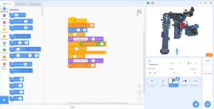 Abbildung 1: Die Arbeitsoberfl&auml;che von Scratch unterteilt sich in drei Bereiche: links finden sich die Codebausteine, mittig das eigentliche Programm und rechts eine Vorschau.