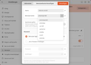 Abbildung 2: Ubuntu schlägt selbstständig mögliche Benutzernamen vor, die es aus Vor- und Nachnamen generiert.