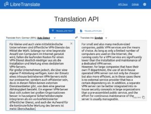 Abbildung 2: Die webbasierte Oberfl&auml;che von LibreTranslate funktioniert prinzipiell wie die anderer &Uuml;bersetzer, etwa DeepL Translator oder Google Translate.