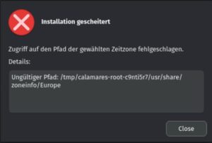Abbildung 4: Die Installation in einer virtuellen Maschine in Proxmox oder VirtualBox scheiterte im Test wiederholt mit einem Fehler bei der Zeitzone.