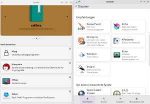 Abbildung 10: Die Software-Stores von Gnome (links) und KDE (rechts) unterstützen distributionsübergreifende Flatpak-Pakete.