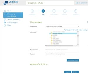 Abbildung 1: In Duplicati legen Sie zuerst das Ziel und danach die Quelle des Backups fest. Bei <span class="ui-element">Speichertyp</span> klappen Sie alle unterst&uuml;tzten Protokolle und Dienste aus.