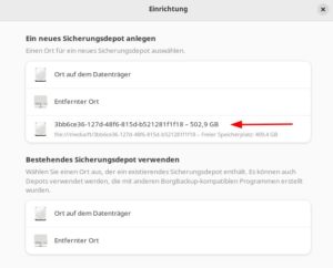 Abbildung 1: Ein neues Sicherungsdepot legen Sie wahlweise lokal oder auf einem entfernten Rechner an. Hier offeriert Pika daf&uuml;r automatisch einen externen, bereits eingeh&auml;ngten NVMe-Datentr&auml;ger.
