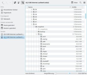 Abbildung 1: Snapshots der Systempartition, die trotz differenzieller Speicherung die Root-Partition enthalten, entstehen in einer Standard-Installation im versteckten Verzeichnis <code>~/.snapshots/</code>.