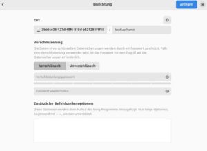 Abbildung 2: Im zweiten Schritt zu einem neuen Sicherungsdepot w&auml;hlen Sie einen Ordner auf dem Sicherungsziel und entscheiden, ob Sie das Backup verschl&uuml;sseln m&ouml;chten. &Uuml;ber zus&auml;tzliche Befehle des im Hintergrund t&auml;tigen BorgBackup setzen Sie bei Bedarf weitere Parameter.