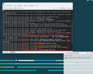 Abbildung 3: Das System-Log von Linux nennt das Device-File eines neu angeschlossenen USB-Datentr&auml;gers.