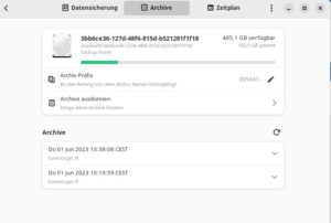 Abbildung 4: Der Reiter <span class="ui-element">Archive</span> gibt einen &Uuml;berblick &uuml;ber vorgenommene Backups und den verbleibenden Speicherplatz auf dem oder den Zielen. Zudem lassen sich Archive durch das automatische L&ouml;schen &auml;lterer Sicherungen ausd&uuml;nnen.