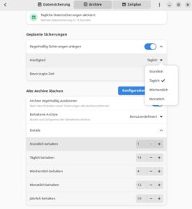 Abbildung 5: Der <span class="ui-element">Zeitplan</span> steuert die Frequenz der zu erstellenden Backups von st&uuml;ndlich bis j&auml;hrlich. Dort legen Sie auch fest, wie viele Archive Sie behalten m&ouml;chten.