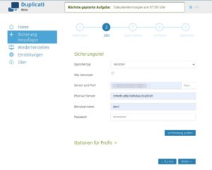 Abbildung 8: Duplicati unterst&uuml;tzt alle Dienste, die eine Verbindung per WebDAV zulassen. In unserem Fall w&auml;hlten wir unsere Nextcloud-Instanz auf einem Webserver im Netz.