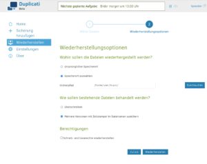 Abbildung 10: Nach Auswahl der Sicherung entscheiden Sie, ob Sie die Daten am urspr&uuml;nglichen Speicherort oder woanders wiederherstellen m&ouml;chten &ndash; dabei kann es sich auch um einen anderen Rechner handeln. Zudem k&ouml;nnen Sie bestehende Daten &uuml;berschreiben oder Versionen wie bei Git anlegen lassen.