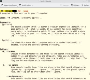 Abbildung 1: Die Eingabe von <code>fd --help</code> listet alle Optionen mit ausf&uuml;hrlichen Erkl&auml;rungen auf.