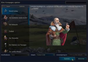 Abbildung 2: "The Battle for Wesnoth" bringt eine Reihe von Kampagnen mit, weitere finden Sie auf dem Erweiterungsserver. Jede Kampagne umfasst eine Reihe thematisch zusammenhängender Szenarien.