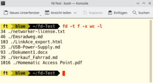 Abbildung 4: Wie viele Worte enthalten die Dateien im aktiven Verzeichnis? Das l&auml;sst sich mit Fd dank der Parameter <code>-t</code> und <code>-x</code> leicht feststellen.